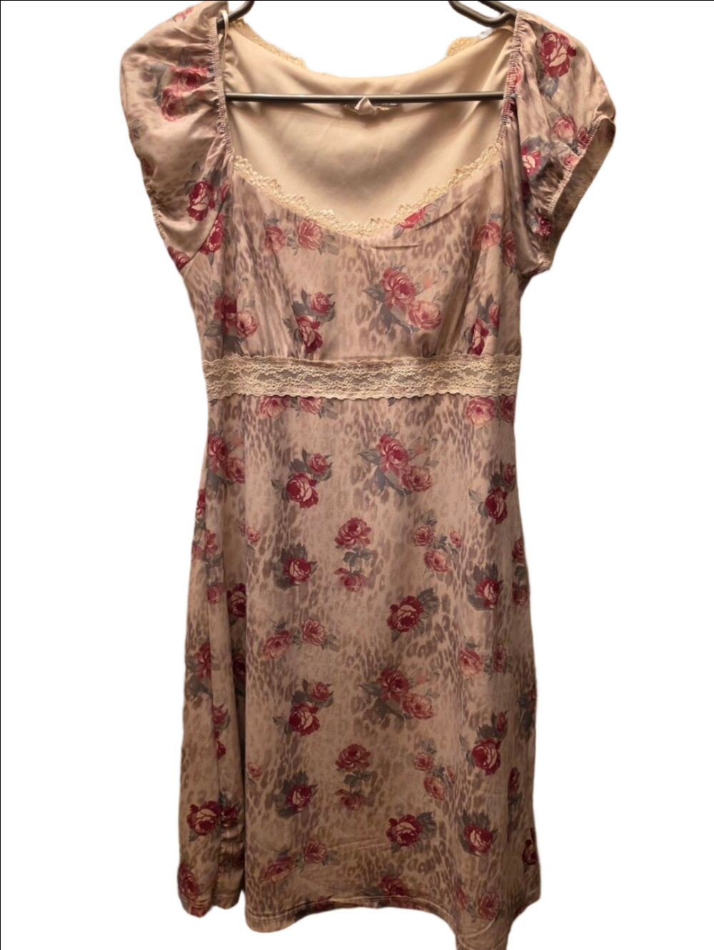 Y2K Wild Skye Rose Leopard Lace Babydoll Mini Dress M Cottagecore Coquette